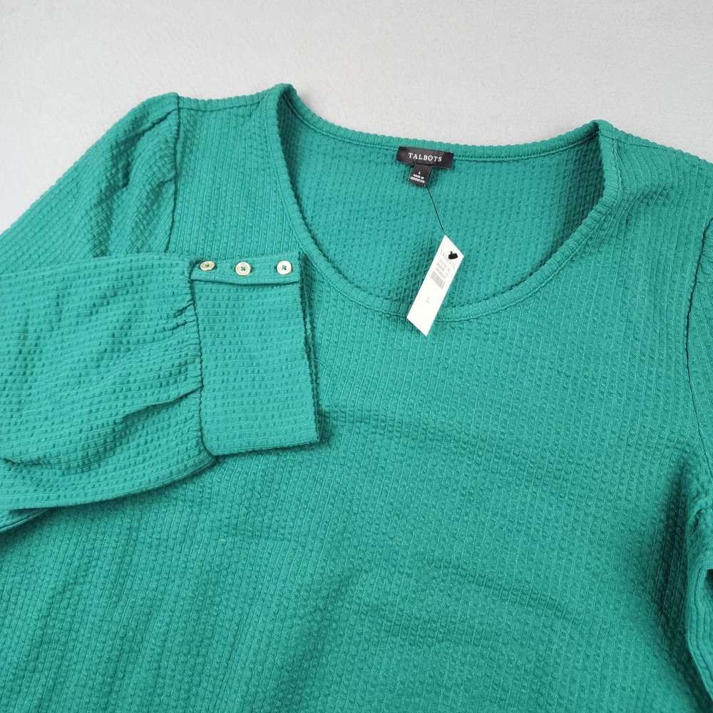 Talbots Blouse Womens L Green Waffle Knit Scoop Neck 3/4 Puff Sleeve Top NWT